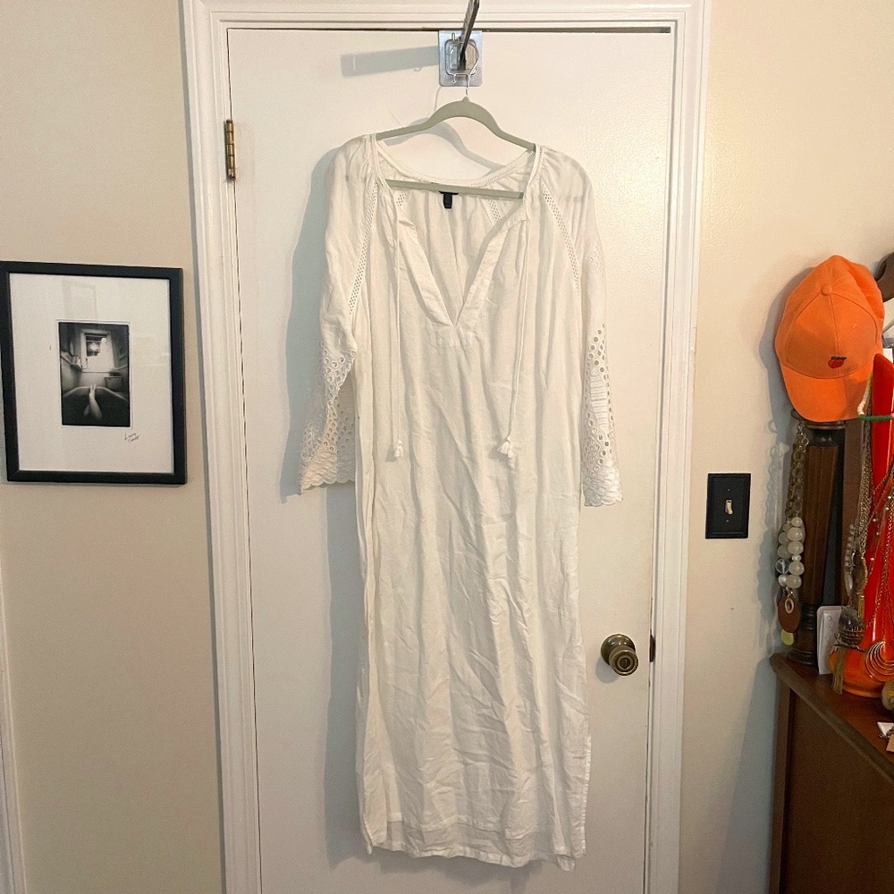 J. Crew White Caftan Eyelet Long Sleeve Maxi